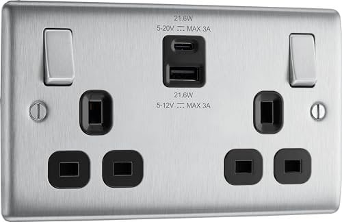 BG Electrical Double Switched Wall Plug Socket with Fast Charge Type A & C USB Charging Ports, Nexus Metal, Brushed Steel, Black Inserts, 13A, 22W, NBS22UAC22B
