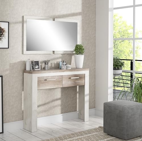Forte Duro Garderobenset 110 120, Garderobenset mit 2 Schubladen, Garderobe Landhausstil, Flurschrank, Holzwerkstoff, Pinie Weiß/Antikeiche Holzdekor, 115 cm breit x 176 cm hoch x 25,8 cm tief