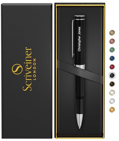 Scriveiner Personalisierte Schwarz Rollerball EDC Pen, Atemberaubender Taschenfüller mit Chrom-Finish, Bestes graviertes Rollerball-Geschenkset für Männer und Frauen, individuelle Namensgravur