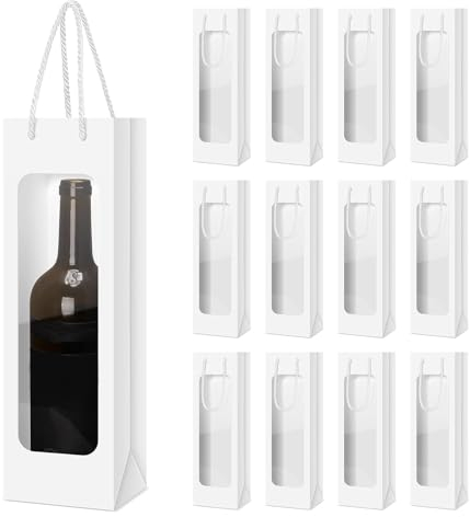Wine bottle bag gift bag, window transparent premium wine gift bag with handle, wine organiser for Christmas, wedding, party (white)