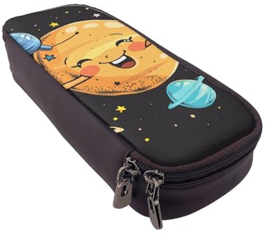 ULKMFFCF Bedrucktes Federmäppchen mit niedlichem Planeten-Design – PU-Leder für Studenten, Schreibwaren-Tasche, Stiftebox mit Reißverschluss für Schule, Büro, Reisen und Make-up, Schwarz ,