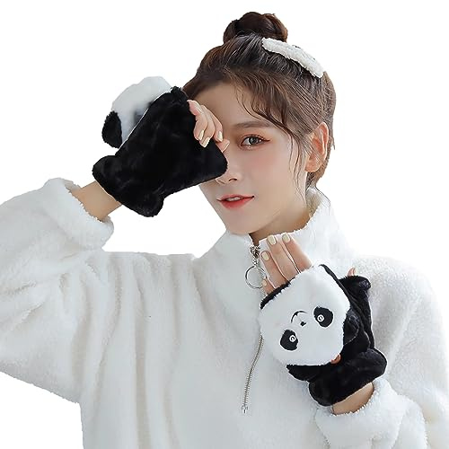SJTJSPX Damen Fingerlose Handschuhe mit Flip-Top Warme Winterhandschuhe Cartoon Panda Halbfinger Handschuhe Outdoor Plüsch Fäustlinge für Fahrrad Ski Schule Arbeit