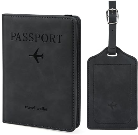 ILIYAH Reisepasshülle Gepäckanhänger-Set - Familien-Reisebrieftasche, RFID-Reisepasshülle aus Leder Deutsch, Gepäckanhänger für Koffer, Europa-Reiseanhänger(Schwarz Kombination)
