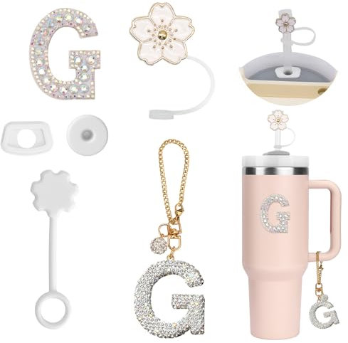 6PCS Accesorios Personalizados para Stanley Cup,Fundas de Pajitas,Decoración de Iniciales, Pegatinas de Letras,Encantos de Letras para Vaso Stanley y Ttapón Antiderrame para Stanley Cup (G)