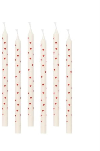 ukiyo Weiße dünne Stabkerzen mit roten Herzen H:20 cm Ø:1,3 cm Brenndauer 3 Stunden Kerze Liebe Freundschaft, Farbe:6er Pack