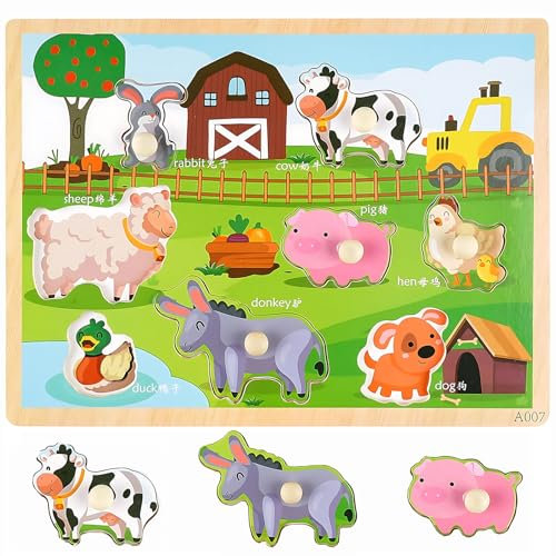 Steckpuzzle Bauernhof Holz, Kinder Puzzle Geschenke Holzpuzzle mit großen Teilen,ab 1 Jahr 2 3 Jahre,Einfügungsart Puzzle Kinder Puzzles, Jungen und Mädchen(Bauernhof)