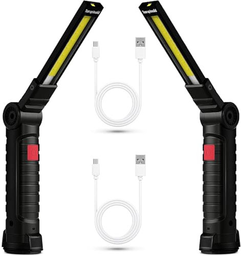 2x Lampe Lampe de Travail LED Rechargeable, Baladeuse Magnétique COB, Torche USB Puissante 5 Modes, Éclairage d'Inspection Auto, Lampe de Camping 360° avec Base Aimantée, Atelier/Garage/Urgence
