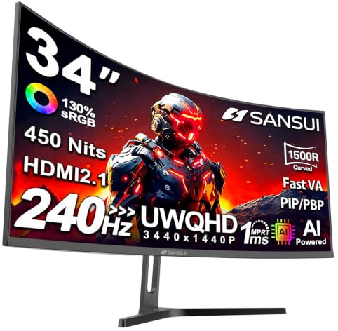 SANSUI Monitor da gioco UltraWide UWQHD 3440 x 1440P 240 Hz, monitor curvo 21:9 2K 1500R, Fast VA, PIP/PBP, AI Crosshair, AIPQ (Visual Enhance), MPRT 1ms, HDR, HDMI2.1*2, DP1.4*2 (include