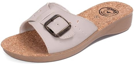 JOMIX Ciabatte Ortopediche Donna Estive Pantofole Zeppa Bassa Plantare in Sughero con Fibbia Regolabile Sandali Comodi per Anziane Signora da Casa ITD2018 Beige 41