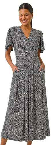 Roman Originals Tie Back V-Neck Stretch Midi Dress for Women UK - Ladies Everyday Holiday Spring Summer V-Neckline Comfy Soft Evening Vacation Work Party - Black Spot - Size 12
