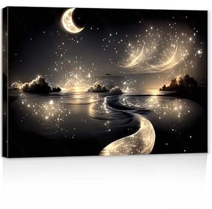 Galmcook Leinwand Bilder mit Rahmen – Wandbild 30x40 cm Mondlicht Landschaft mit Sternen, Kunstdruck auf Leinwand, Wandbilder Modern für Wohnzimmer oder Schlafzimmer, mit Haken und ohne Spuren Nägeln