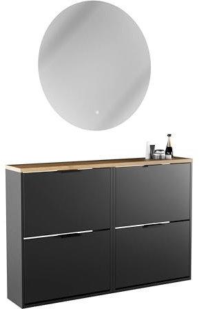Planetmöbel 2 x Schuhschrank schmal inkl. runder Spiegel mit Beleuchtung 80 cm (2 Lichtstufen) Schuhkommode mit 2 Klappen Schuhregal mit 4 Ablagen, Garderoben Set, 60 x 23 x 80,5 cm, schwarz