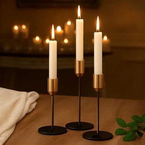 3er Set Schwarz-Goldene Kerzenständer aus Metall – Moderne Stabkerzenhalter mit Schwarzer Basis & Goldenem Kopf, Elegante Tischdeko für Esstisch, Kamin & Wohnzimmer, Passend für Standard-Stabkerzen