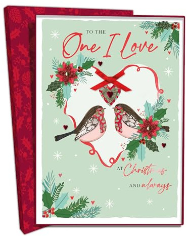 Second Nature Luxury Handmade Boxed Christmas Card – To The One I Love – Large 30cm x 21cm Hand-Finished Card with Gem Embellishments – Elegant Festive Greeting