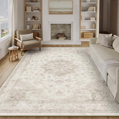 PureCozy Vintage Beige Teppich Wohnzimmer 240x300cm Waschbar | Waschbarer Teppich, Weich Rutschfest, Kurzflor Boho, für Wohnzimmer Schlafzimmer Esszimmer Büro, Großer Teppich