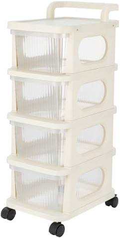GREENSAPPIRE 4 Tier Plastic Storage Drawer Organiser on Wheels, Mobile Storage Rack with Lockable Casters, Rolling Storage Box Shelf Bedside Table for Clothes Shoes Toys Snacks, Living Room