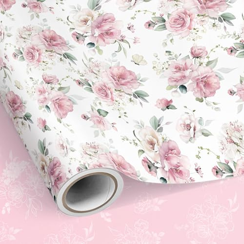 Neloheac Rotolo Carta da Regalo Reversible Floreale Acquerello Rosa, 43 cm x 10 m, ideale per Compleanni di Ragazze Donne, Festa della Mamma, San Valentino, Bridal Shower, Matrimoni | Carta da regalo con rose acquerellabili per compleanni, addio al nubilato, matrimoni, baby shower, double face