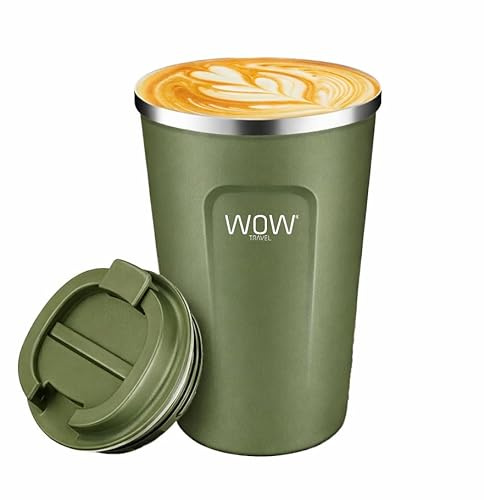 wowtravel Insulated Travel Mug Stainless Steel Coffee Cup Leakproof Vacuum Flask Hot and Cold Drinks 380ml 500ml Reusable Cup with Lid Fits Car Cup Holder Black Khaki (Khaki, 380ml)