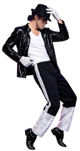 Erwachsenenkostüm King of Pop, 80er Jahre Tänzerin Rocker Star Cosplay Verkleidung Kostüm Zubehör mit Jazz Pailletten Hut Jacke Top Hose Handschuhe Socke King of Pop für Halloween Karneval 80