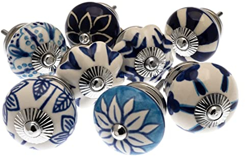 Keramik-Möbelknöpfe im Vintage-Stil, gemischtes 8er-Set, Blau und Weiß - 'Mango Baum' Wz Produkt (MG-713)