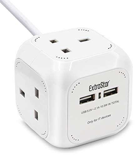 ExtraStar Power Cube 4 Ways Extended Lead with 2 USB Slots (5V/2.1A) Power Strip 1.5 Metre Cable Power Socket UK Plug for Home, Office, Travel and More - White