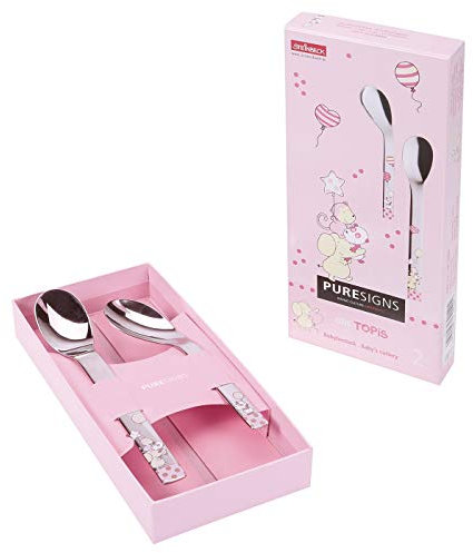 Puresigns ONE Topis rosa Babybesteck Set 2 TLG mit Gravur, Besteck, Kinderbesteck mit Name graviert, Babylöffel, Geschenk zur Geburt Taufe Geburtstag