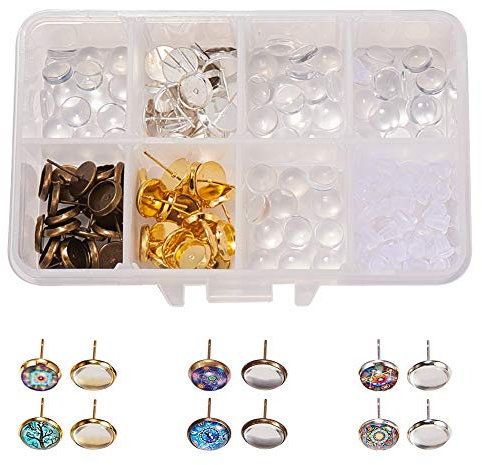 SUNNYCLUE 1 Box 120Stück 8mm DIY 30Paar Cabochon Anhänger Ohrstecker Bastelset Kit zur Schmuckherstellung Lünette Ohrring Einstellungen mit Klarglas Cabochons Ohrringhaken Frauen Erwachsene 3Farbe