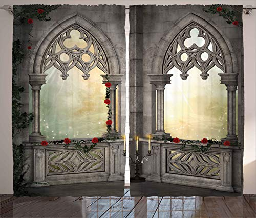 ABAKUHAUS Mystik Rustikaler Gardine, Oriental Rose und Blume, Schlafzimmer Kräuselband Vorhang mit Schlaufen und Haken, 280 x 225 cm, Beige