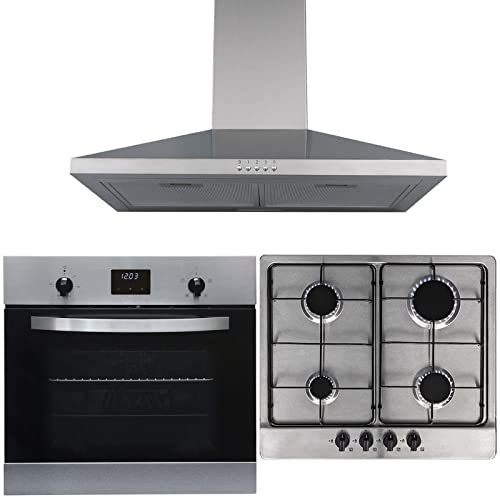 SIA 60cm Stainless Steel Electric True Fan Oven, 4 Burner Gas Hob & Cooker Hood