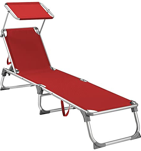 SONGMICS Bain de Soleil, Chaise Longue Pliable, Transat, 193 x 55 x 31 cm, Capacité de Charge 150 kg, avec Pare-Soleil et Dossier Inclinable, pour Jardin, Piscine, Terrasse, Rouge GCB19RD