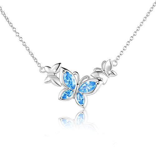 WINNICACA Schmetterling Blau Kristall Halskette Sterling Silber März Geburtsstein Schmuck für Frauen Teenager Muttertag Geschenk