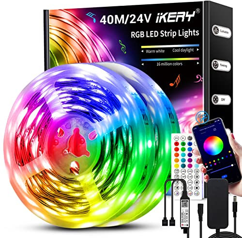 IKERY LED Strip 40M, LED Streifen 24V RGB Amb. Lightstrip, 16 Mio. Farbwechsel LED-Lichtband Sync mit Musik, mit Fernbedienung APP-Steuerung, für Innenbereich Schlafzimmer Dekor (2 Rollen 20M)