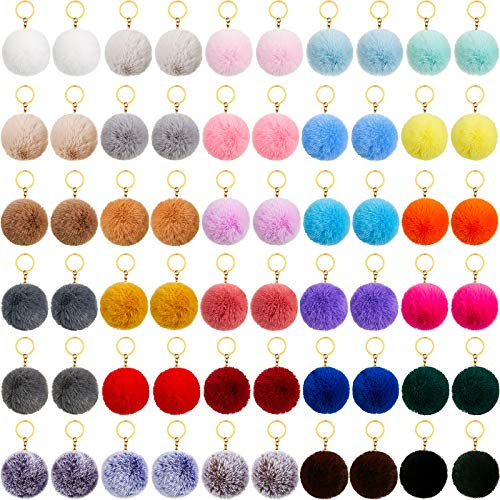 Hicarer 60 Pièces Porte-Clés de Pompons Colorés Moelleuse Porte-Clés de Pompons en Fausse Fourrure pour Filles Femmes Chapeaux Chaussures Sacs Accessoires