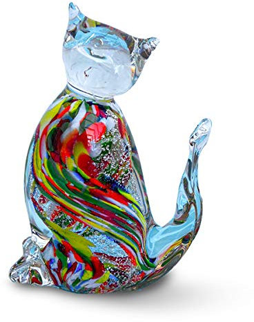 Gocce di Murano Figurine d'animal en verre de Murano finition artisanale, verre soufflé (chat multicolore)