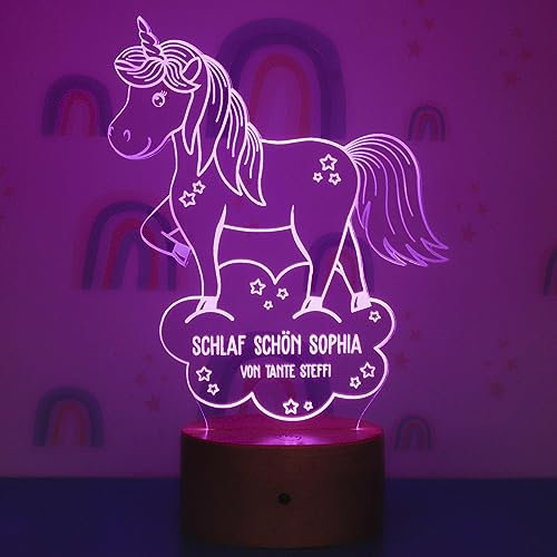 LAUBLUST 3D LED Nachtlicht Kinder - Personalisiert, Farbwechselnd, Holz Sockel - Geschenk für Kinder | Einhorn Motiv