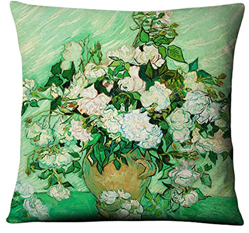 thb Richter Kissenhülle Kissenbezug Dekokissenhülle mit verstecktem Reißverschluss Quadratisch 45cm x 45cm Ölgemälde Vincent Van Gogh Malerei Gustav Klimt Gemälde Alfons Mucha Kunst (Vase mit Rosen)