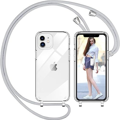 Nupcknn Handykette Hülle für iPhone 12 Mini Hülle TPU Bumper+PC Back Necklace(abnehmbar) Transparent Hülle mit Kordel zum Umhängen Handy Schutzhülle mit Band (Grau)