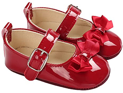 Siyova Scarpe Neonata Scarpe da Principessa per Bambini con Fiocco Scarpe Battesimo in PU Tinta Unita Scarpe Primi Passi Scarpe Bimba Elegante Carino (Rosso, 6-12 Mesi)
