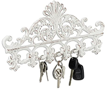 Relaxdays 1 x Garderobenleiste Gusseisen, 5 Haken, antike Hakenleiste, für Schlüssel, Shabby, HBT: 17 x 35 x 3,5 cm, weiß/braun