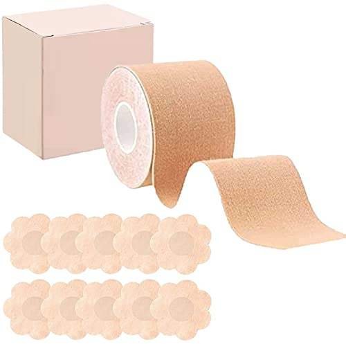 Nastro Adesivo Reggiseno, Nastro per Sollevare il Seno, 1 Rotolo Tape con 5 Paia Copri Capezzoli, Reggiseno Adesivo, per Sollevare il Seno per una Coppa A-E Reggiseno Invisibile