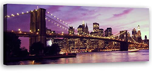 Feeby Bild auf Vlies Leinwand Brooklyn Brücke Amerika USA Skyline 120x40 cm Kunstdruck Modern Wandbilder Deko Flur Wohnzimmer Abstraktion Stadtbild Manhattan New York City Violett