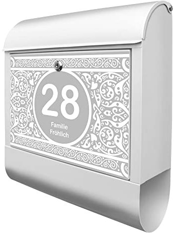 banjado® Design Briefkasten personalisiert mit Ornament WG 38,5x46,5x13cm & 2 Schlüssel - Briefkasten Stahl weiß mit Zeitungsfach pulverbeschichtet - Postkasten A4 Einwurf inkl. Montagematerial