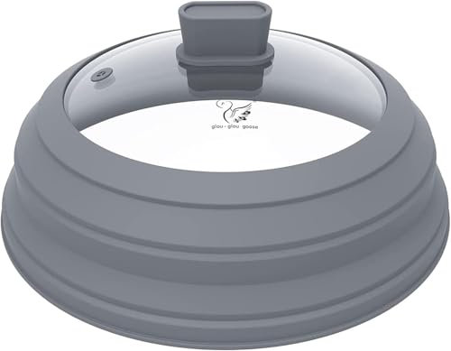 Coperchio paraschizzi in vetro per forno a microonde, con silicone pieghevole, per piatti e pentole, 30 cm, grigio chiaro