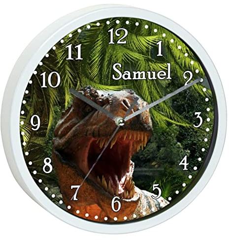 CreaDesign, Wanduhr für Kinderzimmer T-Rex, Kinderuhr weiß mit Quarz Uhrwerk, personalisiert mit Name, Durchmesser 19,5 cm