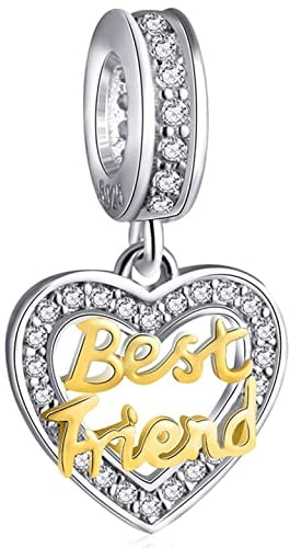 18K Gold Best Friend Dangle Charms fit Pandora Friendship Bracelet, 925 Sterling Silver Heart BFF Pendant Pave Birthstone CZ Beads, Birthday Gifts for Boyfriend/Girlfriend