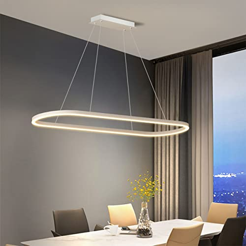 Bellastein Moderne Esstisch Pendelleuchte LED Dimmbar Hängelampe Oval Höhenverstellbarer Kronleuchter mit Fernbedienung für Esszimmer Küchenlampe Blendfrei (Weiß, L100cm)