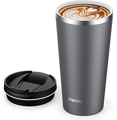 ulwae Isolierter Kaffeebecher mit Keramikbeschichtung, 530 ml Reisebecher mit auslaufsicherem Deckel, Vakuum-doppelwandiger Becher, Edelstahl-Thermobecher für Tee, kaltes Getränke, Eisgetränke
