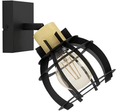 EGLO Wandlampe Stillington 1, Wandleuchte für innen mit schwenkbarem Spot, FSC100HB, Wandspot aus Holz in Natur und Metall in Schwarz, Wand Lampe für Wohnzimmer und Flur, E27 Fassung