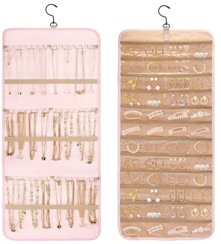 Présentoir à Bijoux Suspendu, 84*36.5cm Organiseur de Bijoux à Suspendre a un Design Double Face, Rangement pour Bijoux à Suspendre a 48 Poches/Crochet, Porte Bijoux Suspendu Mural pour Bague/Bracelet