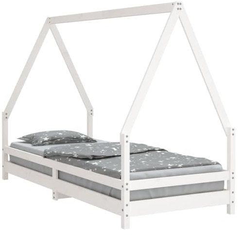 vidaXL Kinderbett, Kinder Bettgestell mit robusten Latten, Hausbett für Kleinkinder ab 4 Jahren, Einzelbett Kinder Jugendbett Holzbett, Weiß 90x200 cm Massivholz Kiefer